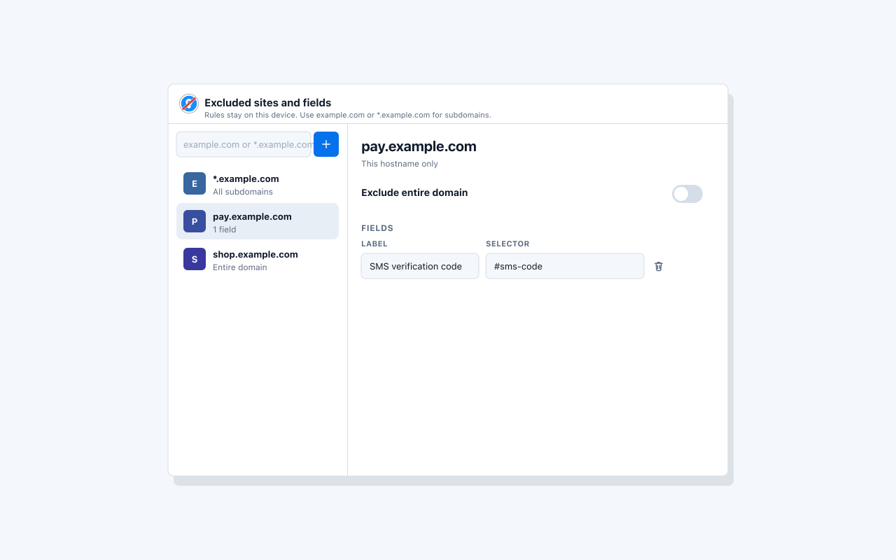 Two-column manager with pay.example.com selected and an editable SMS field rule.